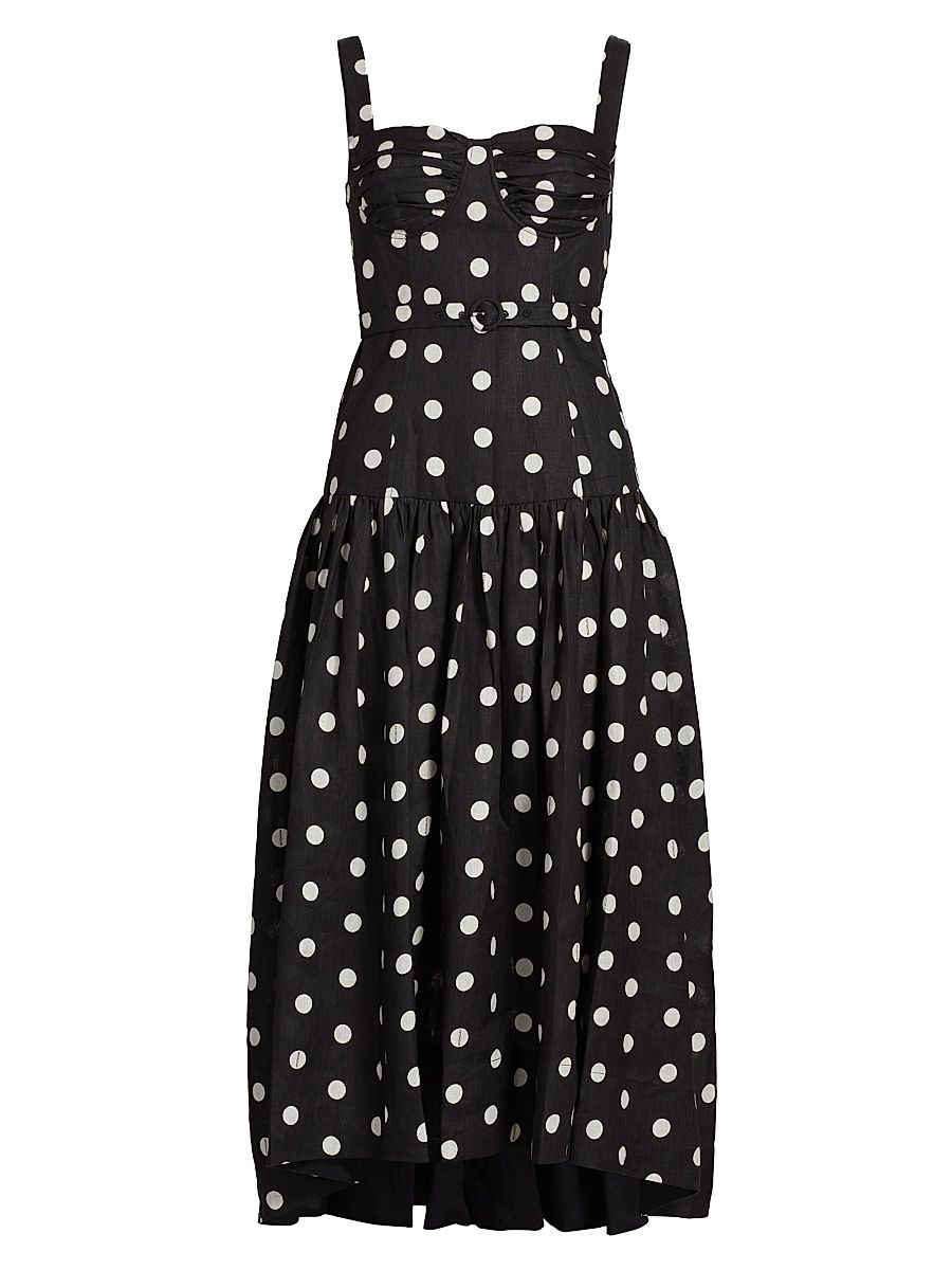 Women's Drenica Polka Dot Linen Drop-Waist Midi-Dress - Black Ivory Polka Dot - Size 2