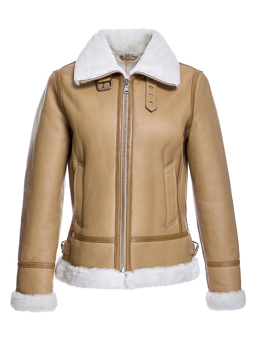 Women's Leather & Shearling Flight Jacket - Whiskey White - Size Large