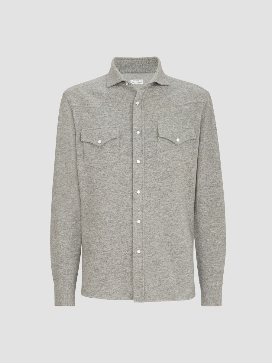 Brunello Cucinelli Men's Techno Cashmere and Cotton Western Shirt - Grey - Size XS