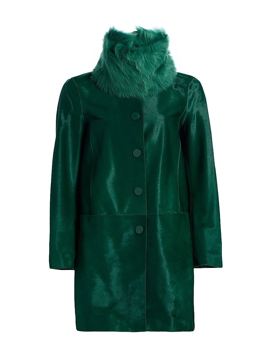 Women's Shearling-Trim Calf Hair Slim-Fit Coat - Green - Size 4
