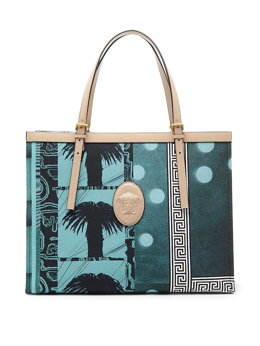 Women's Large Palm-Print Medusa Logo Tote Bag - Light Teal Dove Grey Gold