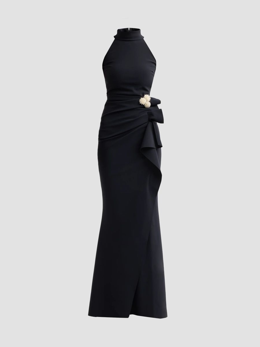 Chiara Boni La Petite Robe Women's Gudrum Embellished Jersey Halterneck Gown - Black - Size 16