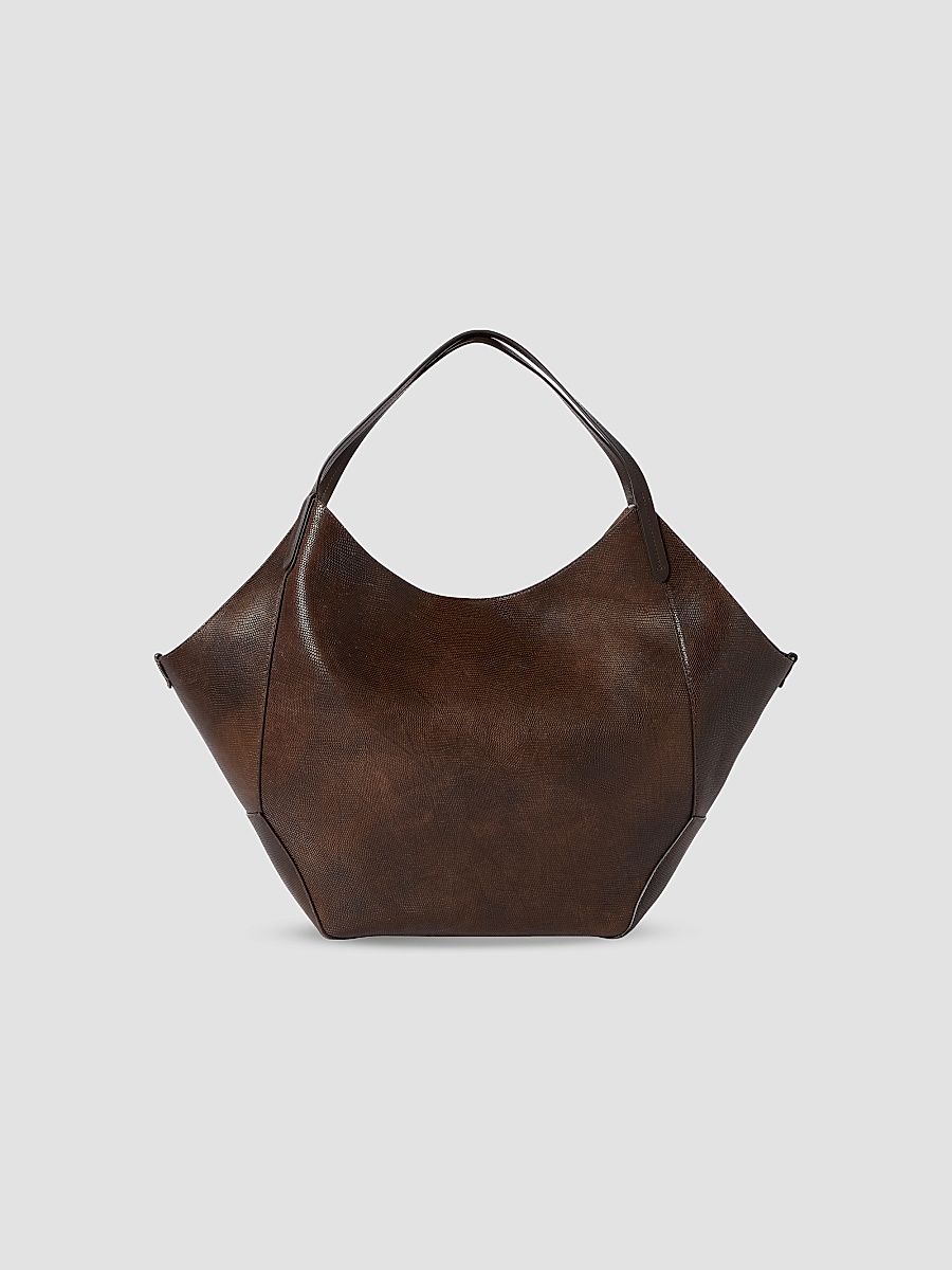 Women's Reversible Duo Shopper in Lizard-Effect Calfskin - Brown