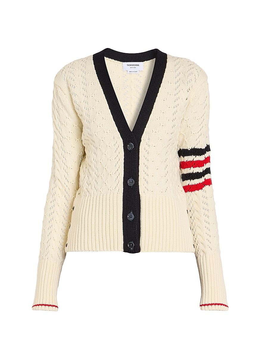 Women's Cable-Pointelle Knit Wool Cardigan - White - Size 10