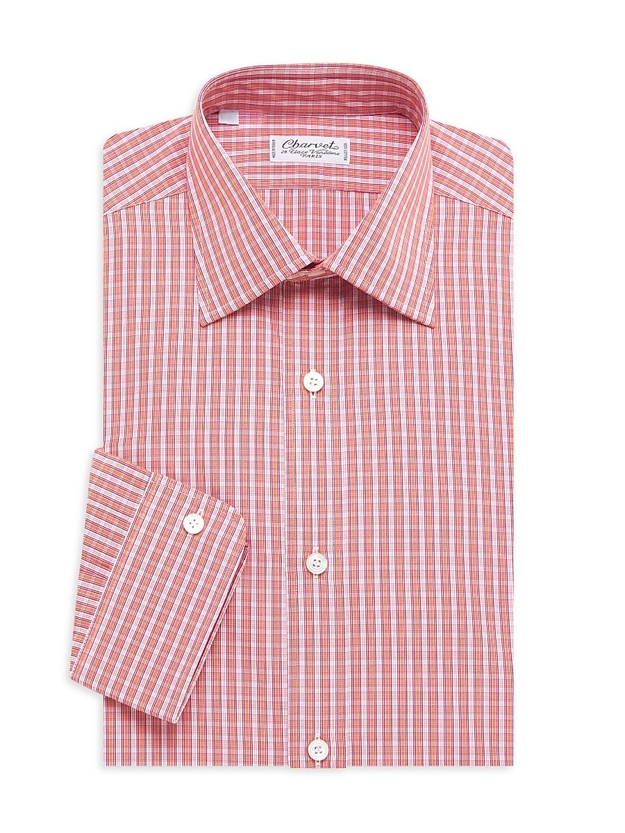 Men's Small Windowpane Plaid Tonal Silk Dress Shirt - Rust - Size 15.5