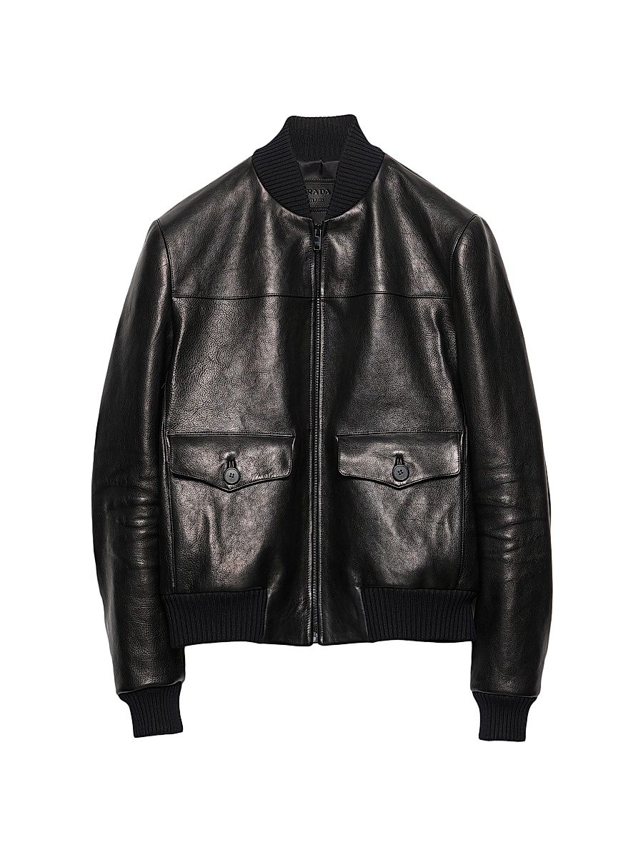 Men's Leather Bomber Jacket - Black - Size 44
