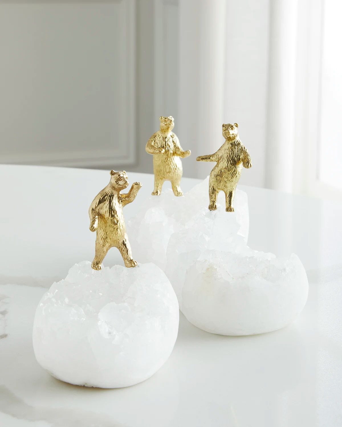 Brass Bear Figure on Quartz Sculptures, Set of 3