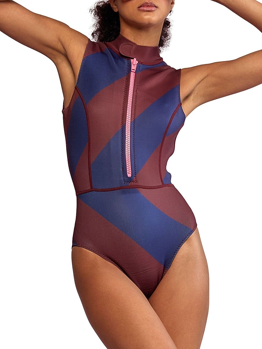 Women's Sleeveless Striped Neoprene Wetsuit - Navy Burgundy - Size 14