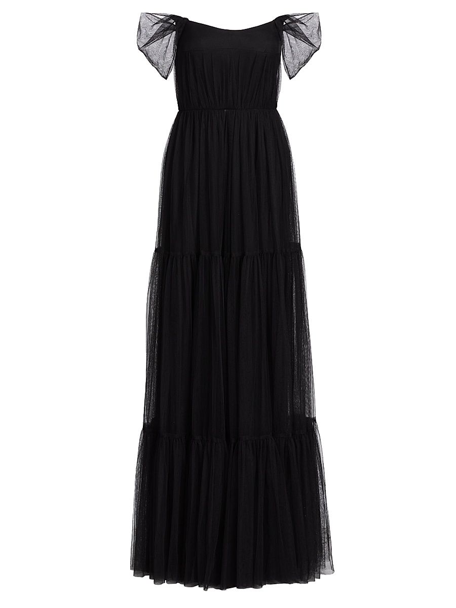 Women's Ginny Tulle Off-the-Shoulder A-Line Gown - Black - Size 8