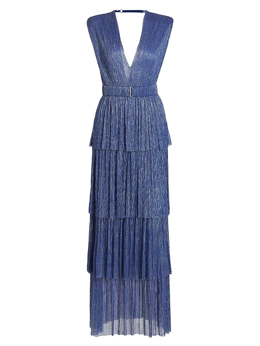 Women's Skylar Tiered Belted Metallic Gown - Dark Blue - Size Small