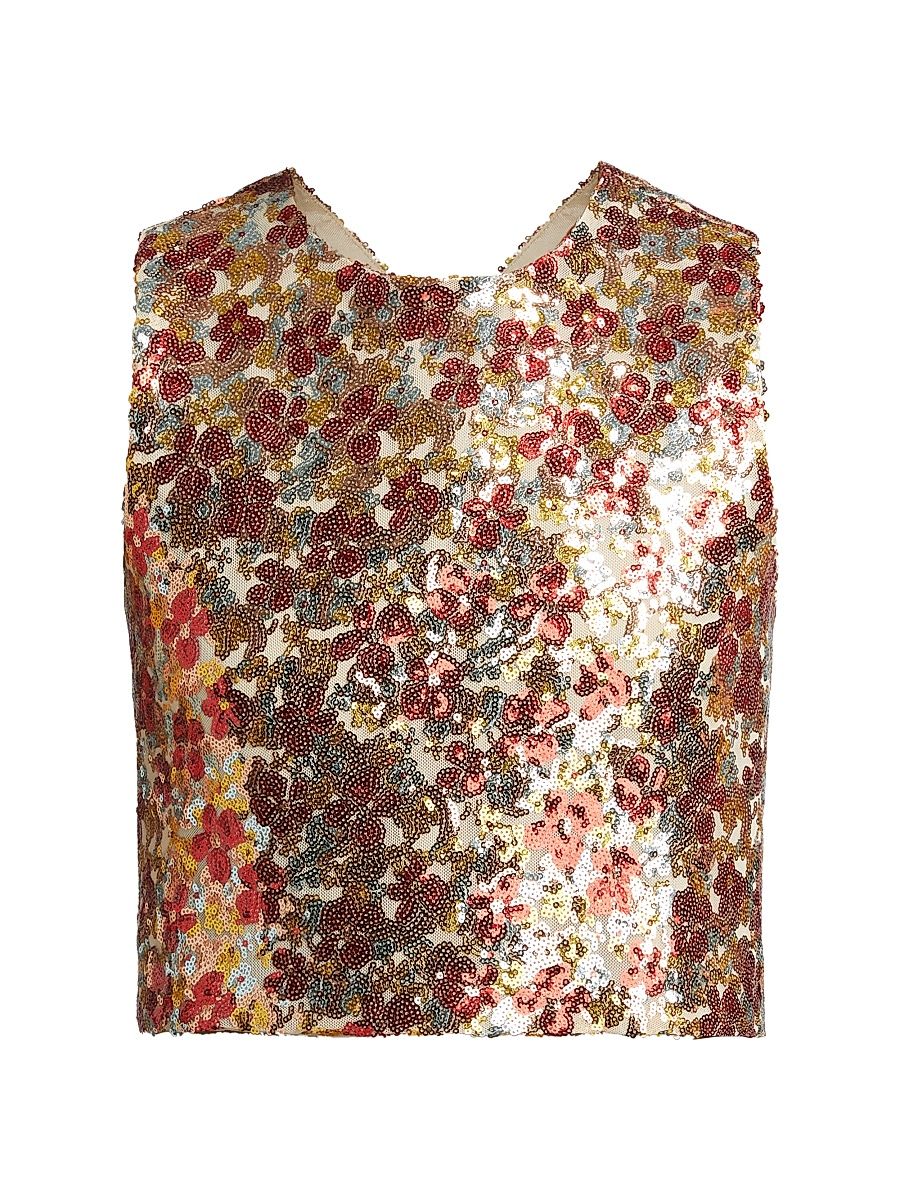 Women's Floral-Sequined Crisscross Back Crop Top - Size Large