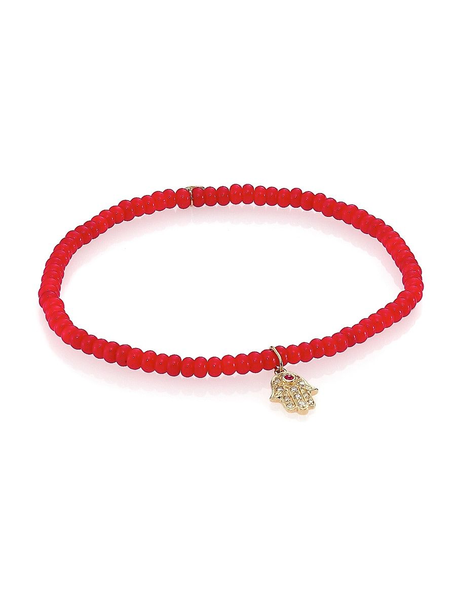 Women's Hamsa Diamond, Red Coral & 14K Yellow Gold Hamsa Beaded Bracelet - Red Gold