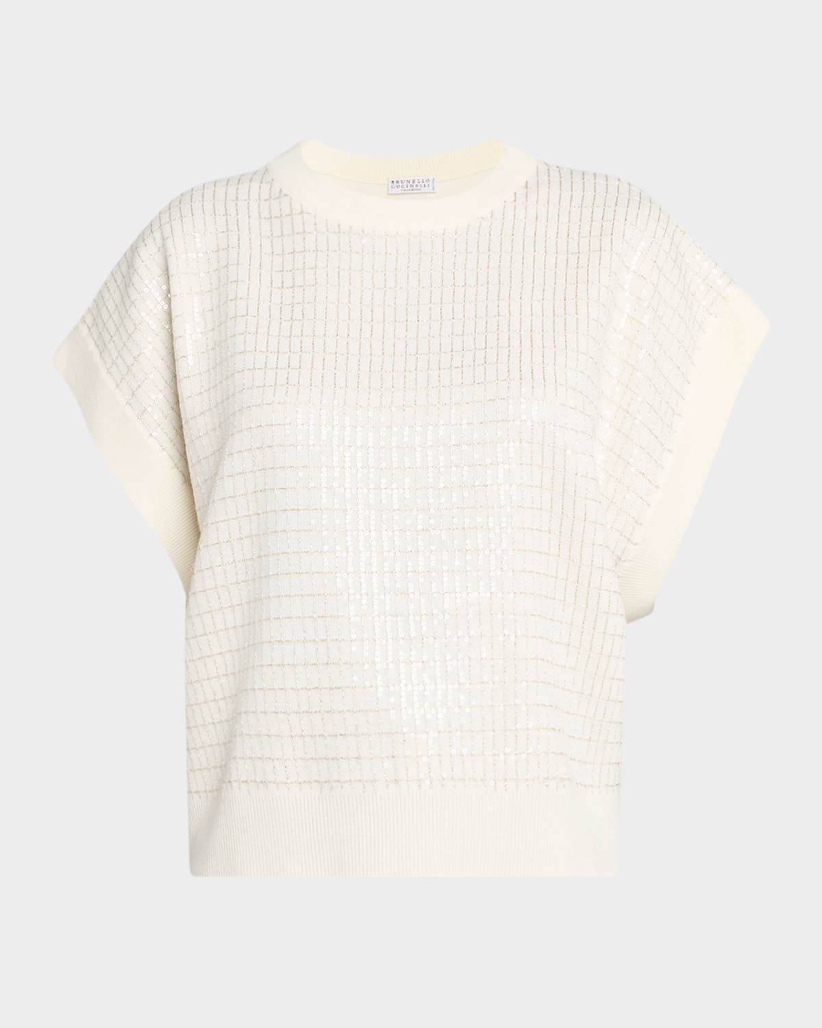 Windowpane Paillette Wool-Cashmere Short-Sleeve Sweater