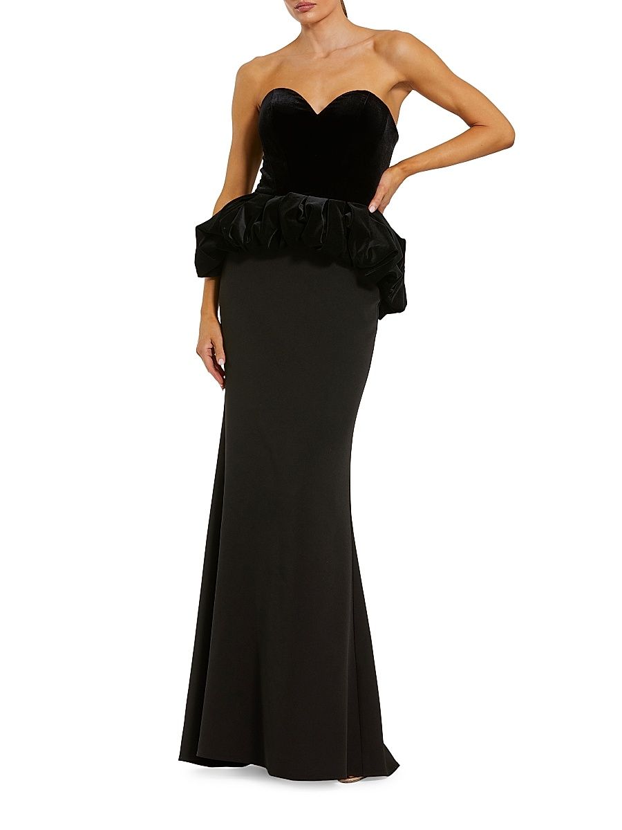 Women's Mixed-Media Strapless Peplum Gown - Black - Size 12