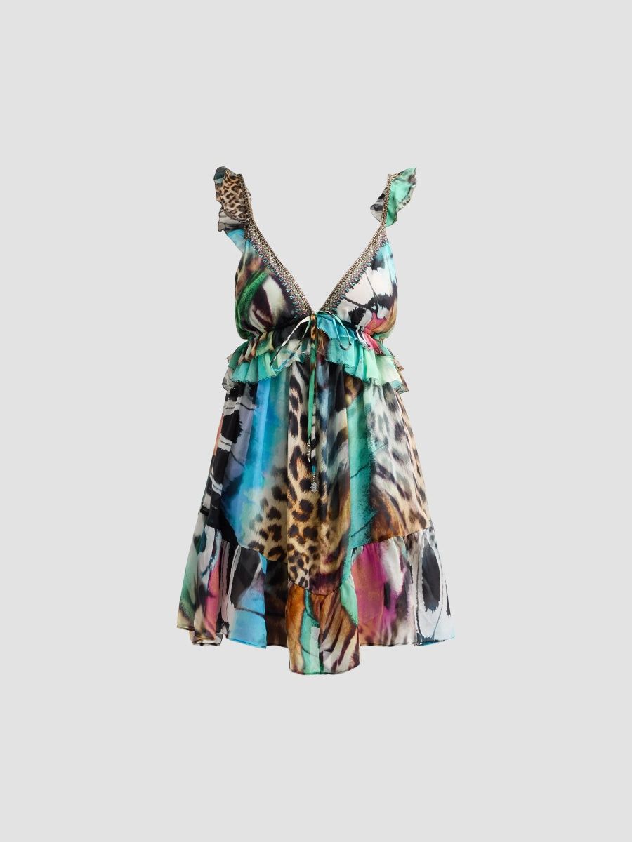 Camilla Women's Curved Hem Ruffle Mini Dress - Butterfly Bohemia - Size Medium