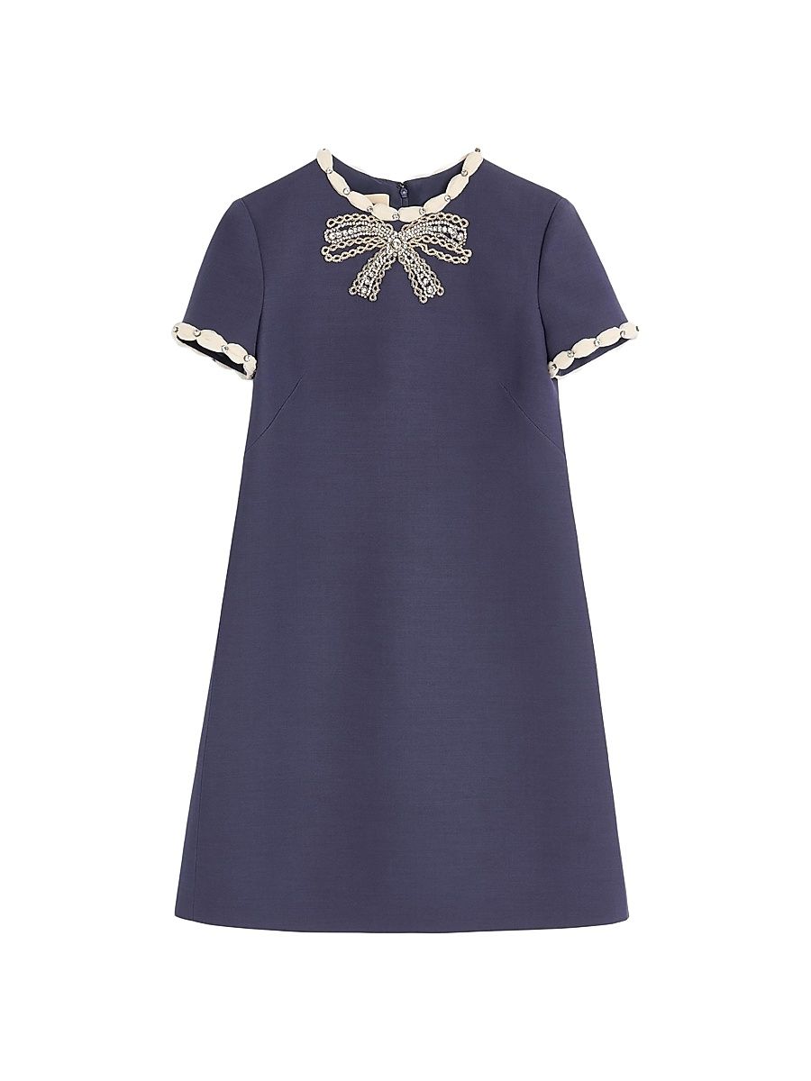 Women's Embroidered Crepe Couture Short Dress - Indigo Ivory - Size 0