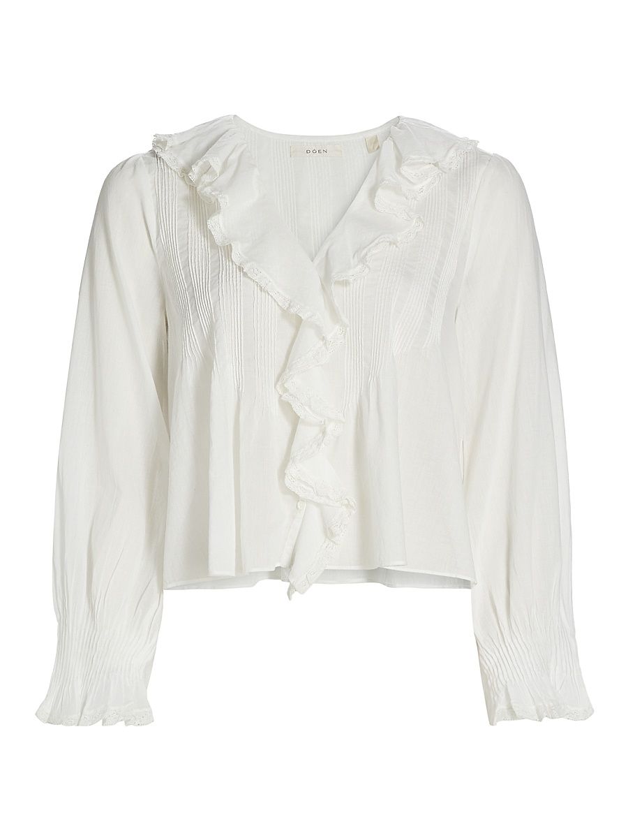 Women's Hardy Pintuck Cotton Shawl-Collar Blouse - Salt - Size XS