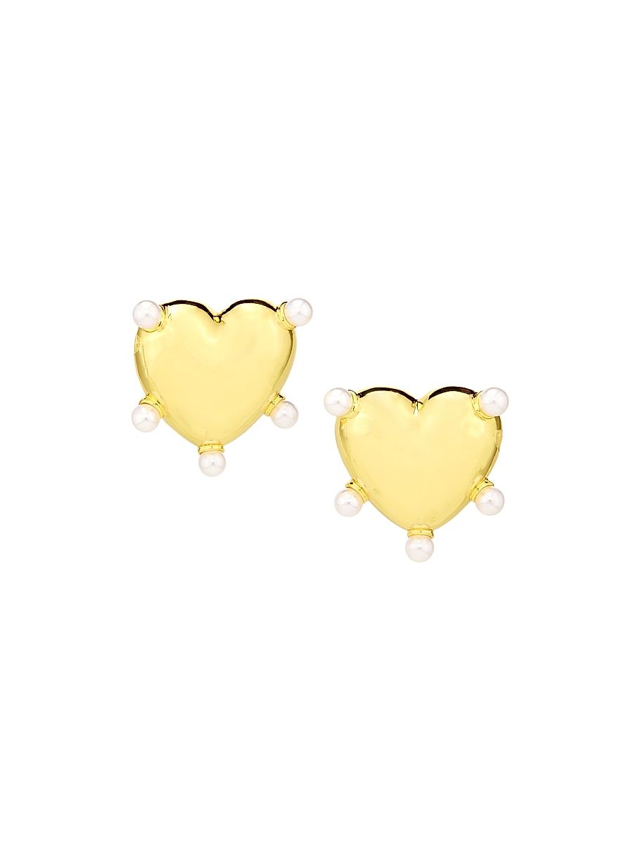 Women's 12K-Gold-Plated & Imitation Pearl Heart Stud Earrings - Gold Pearl