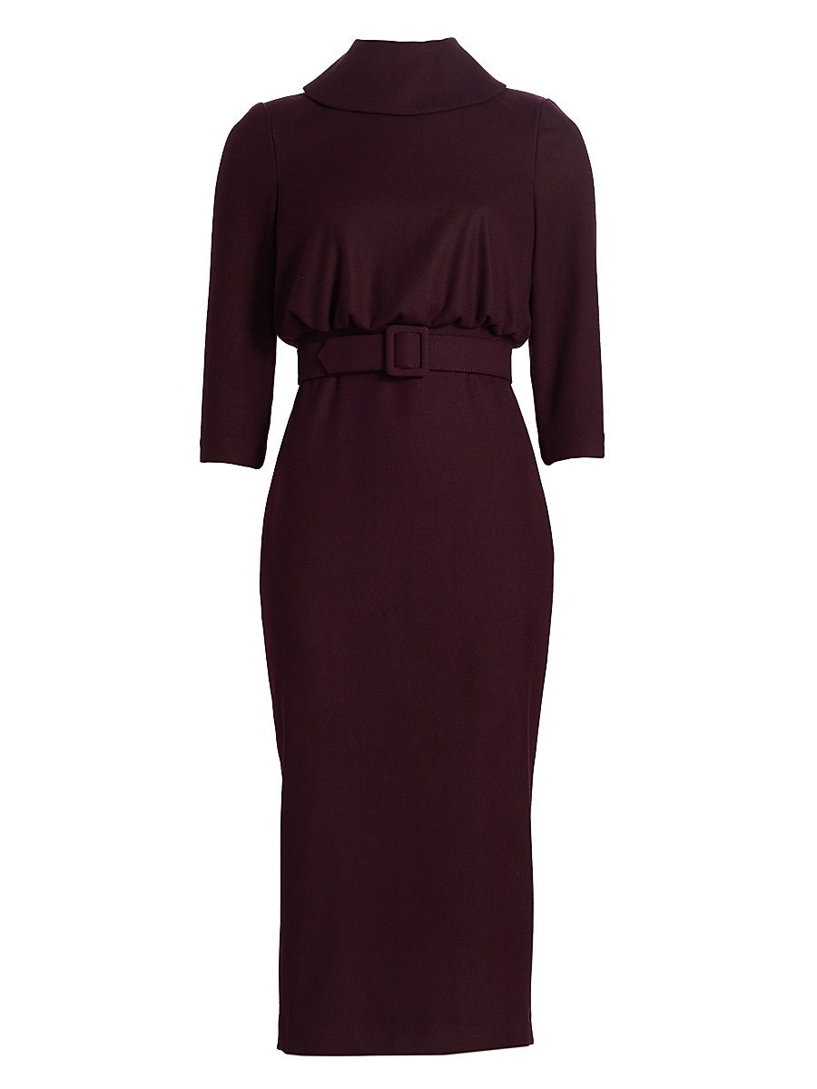 Women's Stretch-Twill Belted Midi-Dress - Wine - Size 14