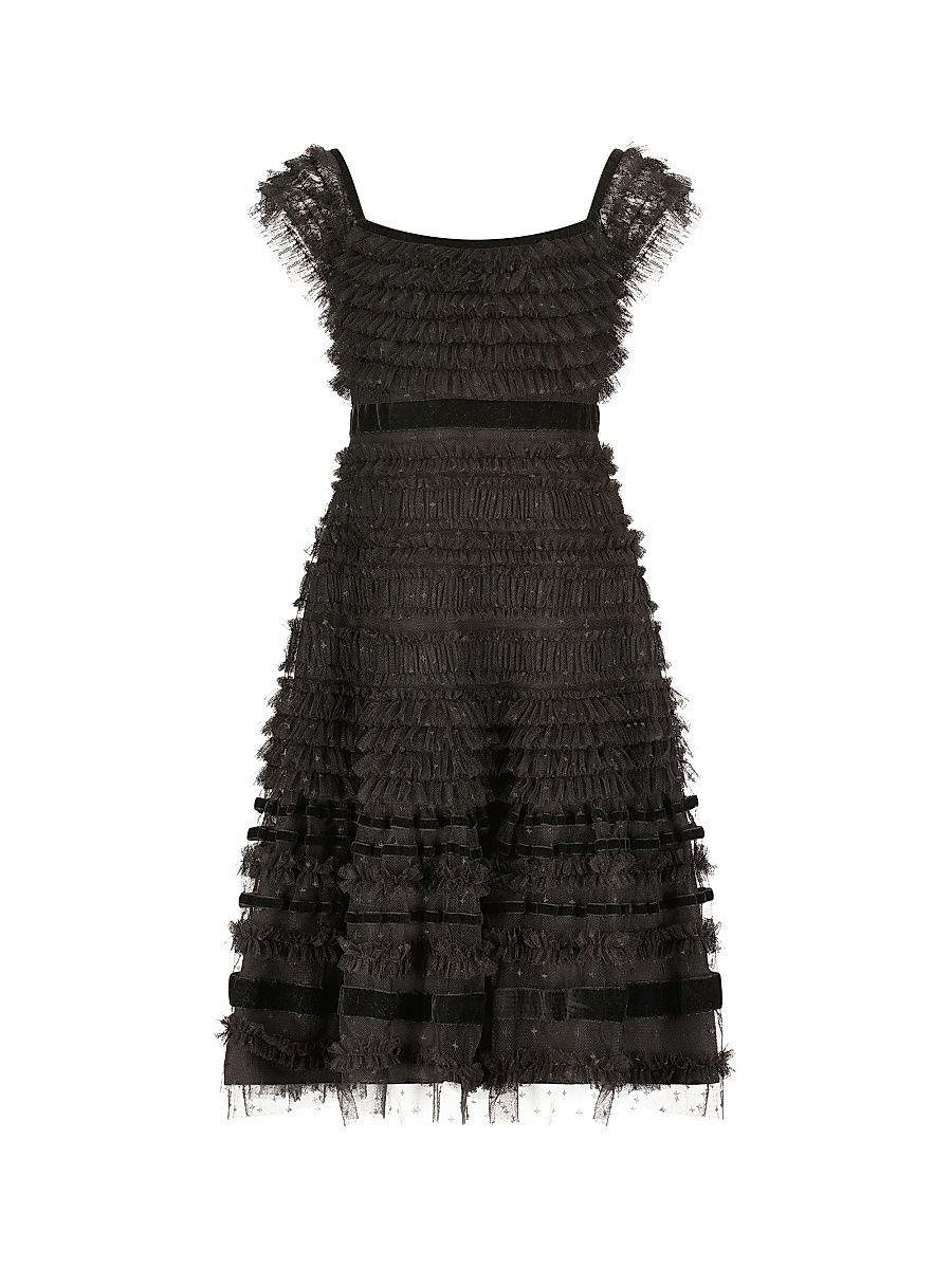 Little Girl's & Girl's Ruffled Velvet-Trimmed Dress - Black - Size 10