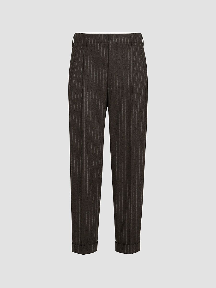 Men's Virgin Wool and Cashmere Chalk Stripe Trousers with Double Pleats - Brown - Size 44