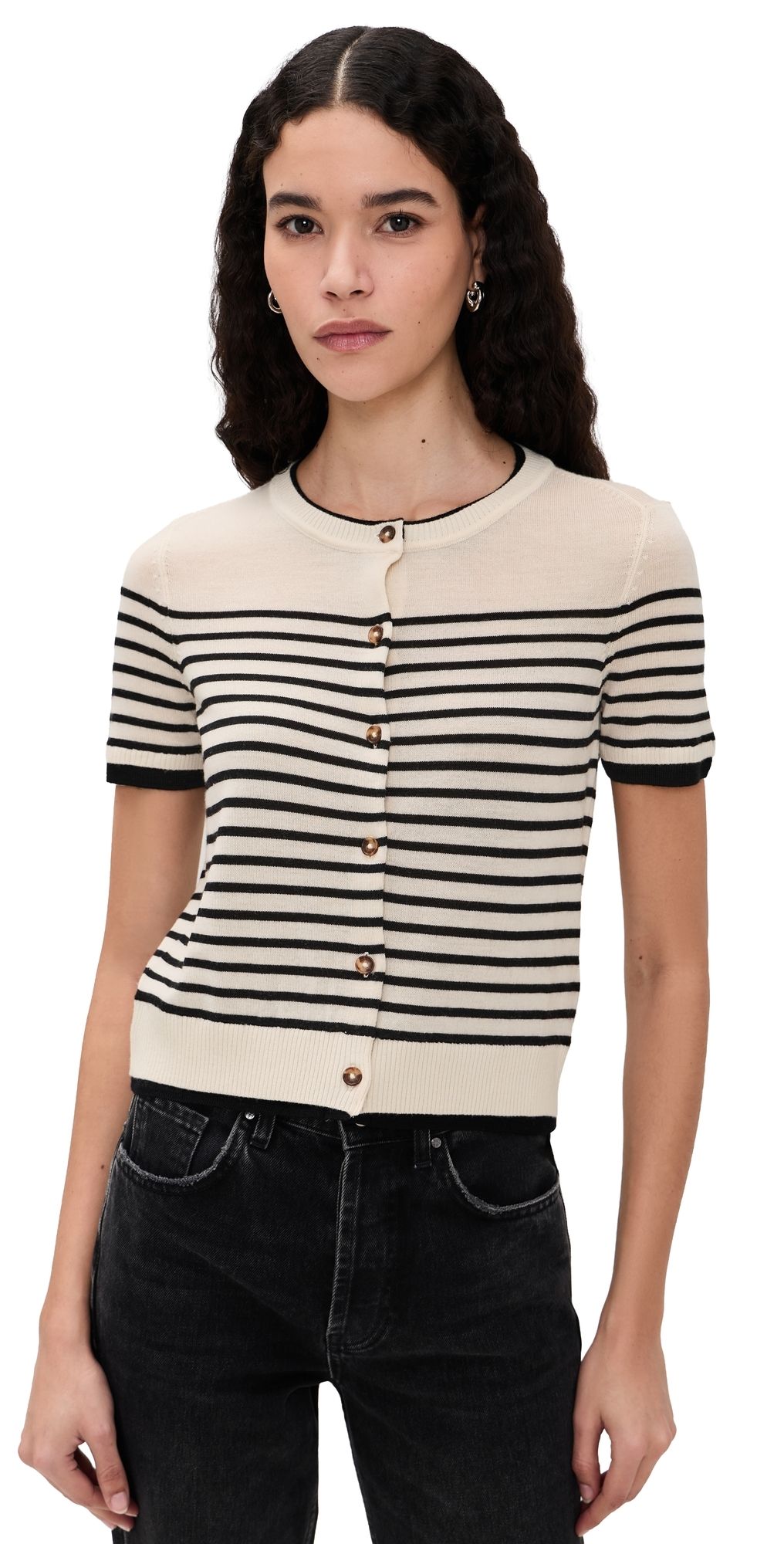 rag & bone Anne Short Sleeve Stripe Cardigan Ivory S