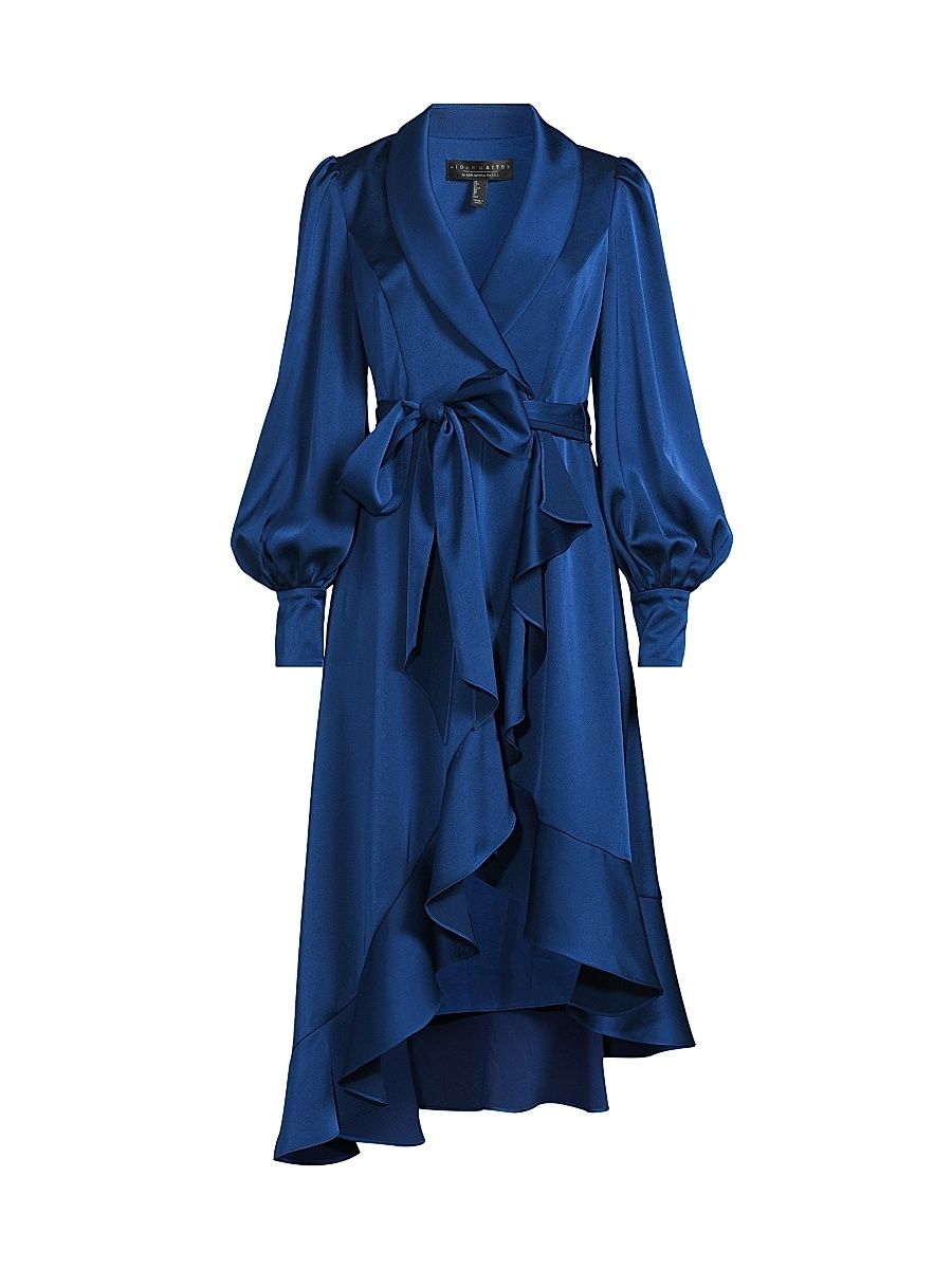 Women's Satin Ruffle High-Low Hem Wrap Dress - Deep Ocean - Size 18