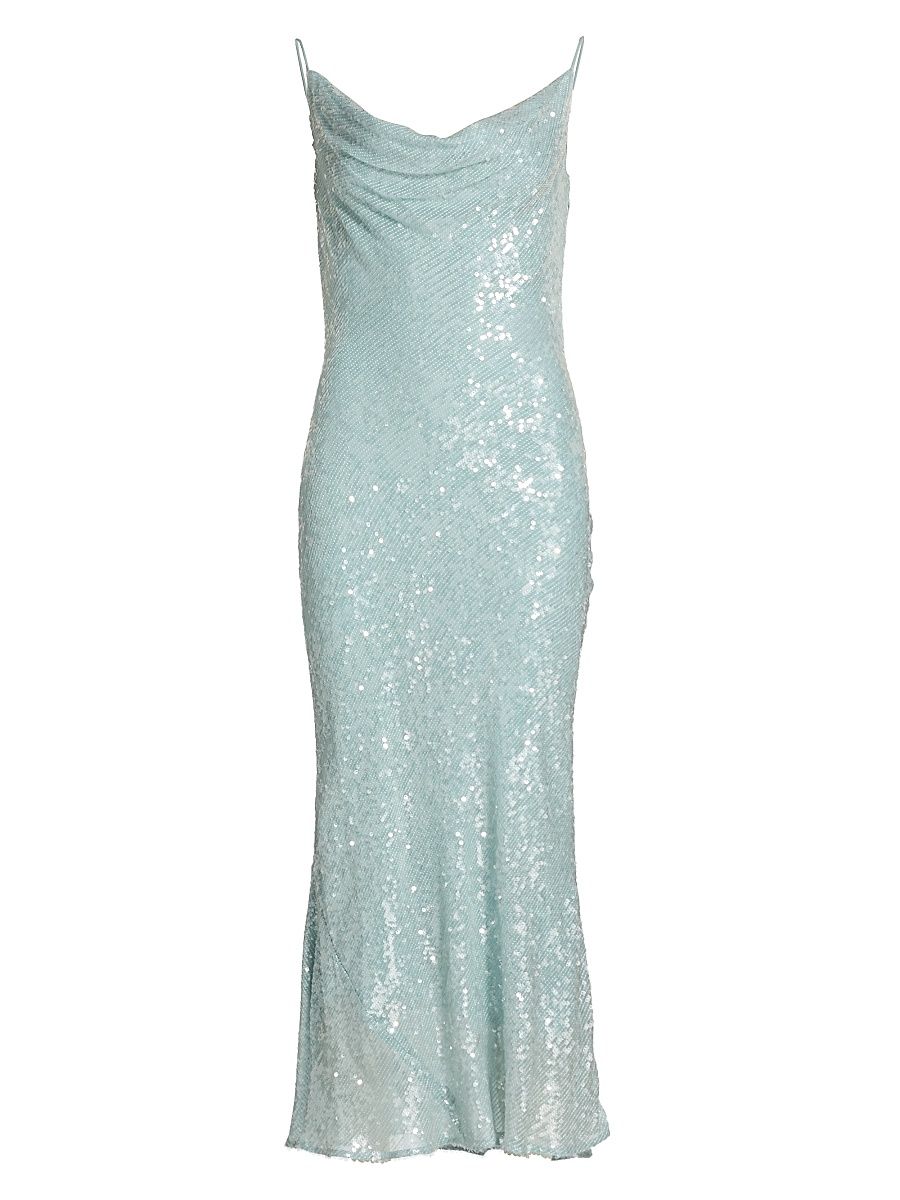Women's Sequin Viscose Cowlneck Midi-Dress - Soft Blue - Size 10