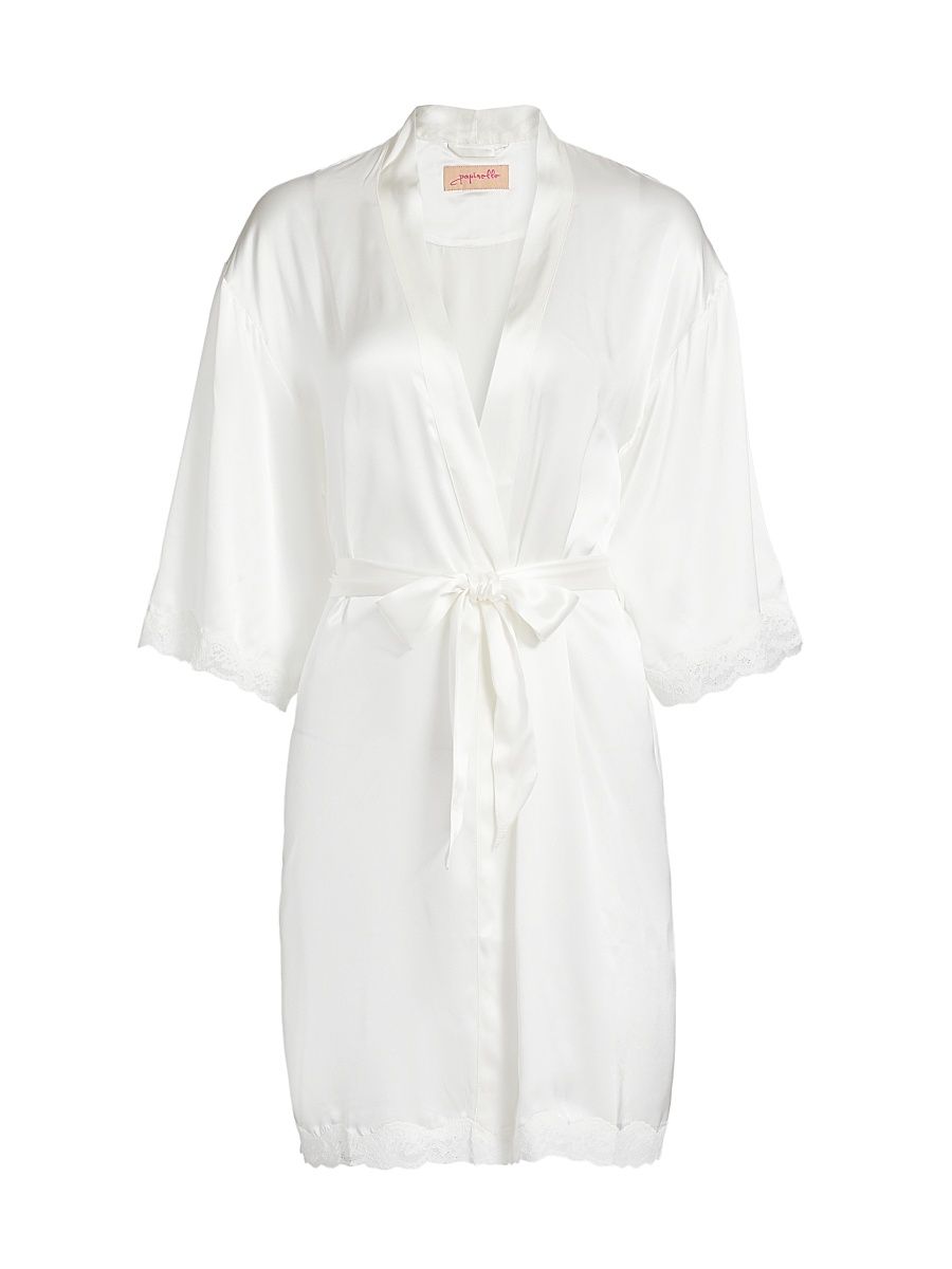 Women's Camille Silk Lace-Trimmed Short Robe - Ivory - Size Large
