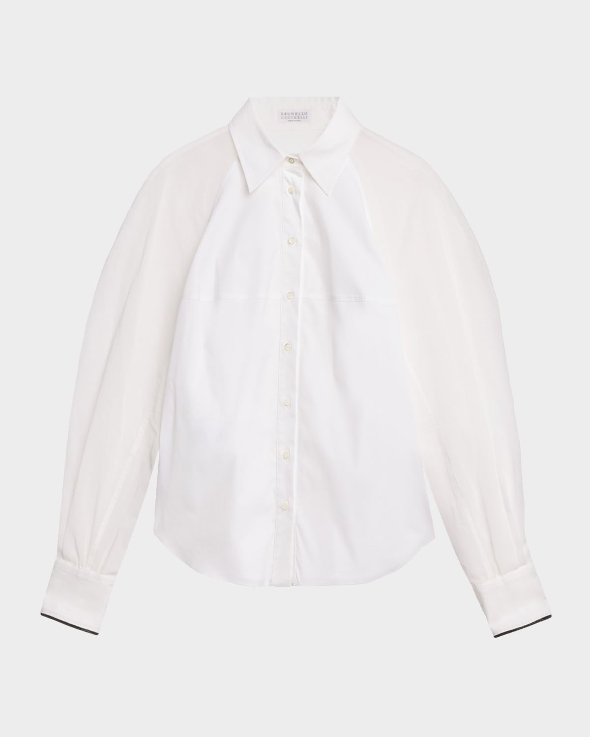 Poplin Stretch Sheer-Sleeve Button-Down Shirt