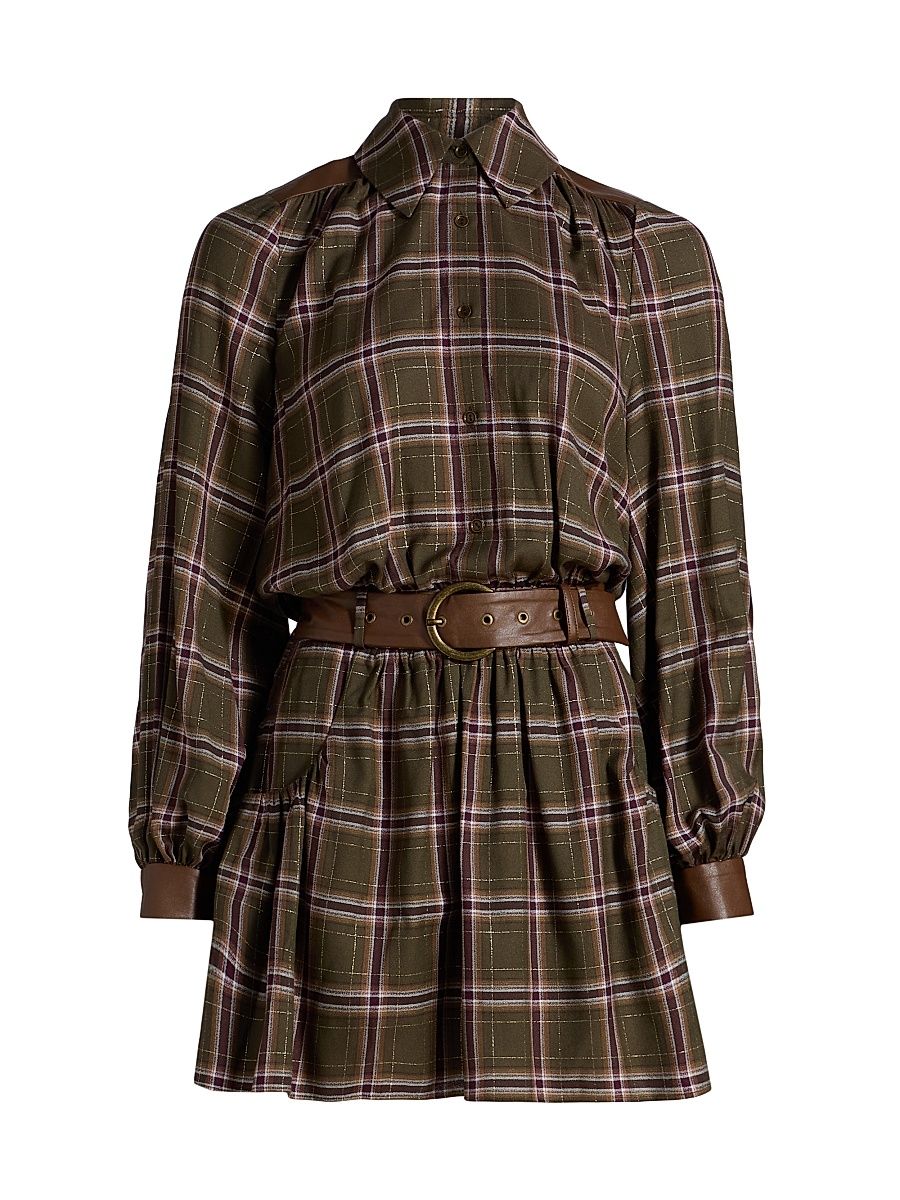 Women's Jim Check Belted Mini-Shirtdress - Deep Olive Plaid - Size Large