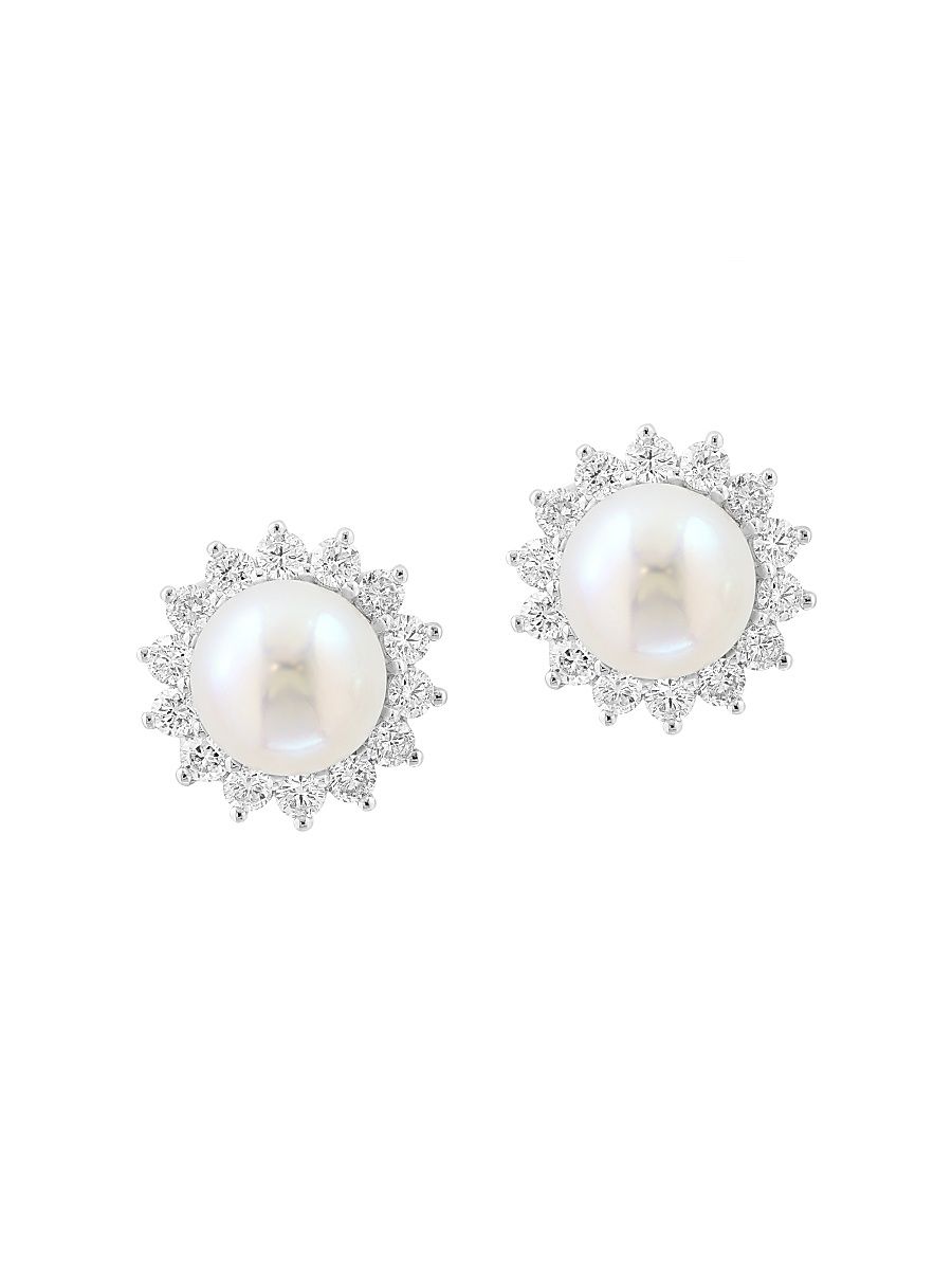 Women's 18K White Gold, Freshwater Pearl & 0.96 TCW Diamond Halo Stud Earrings - White Gold