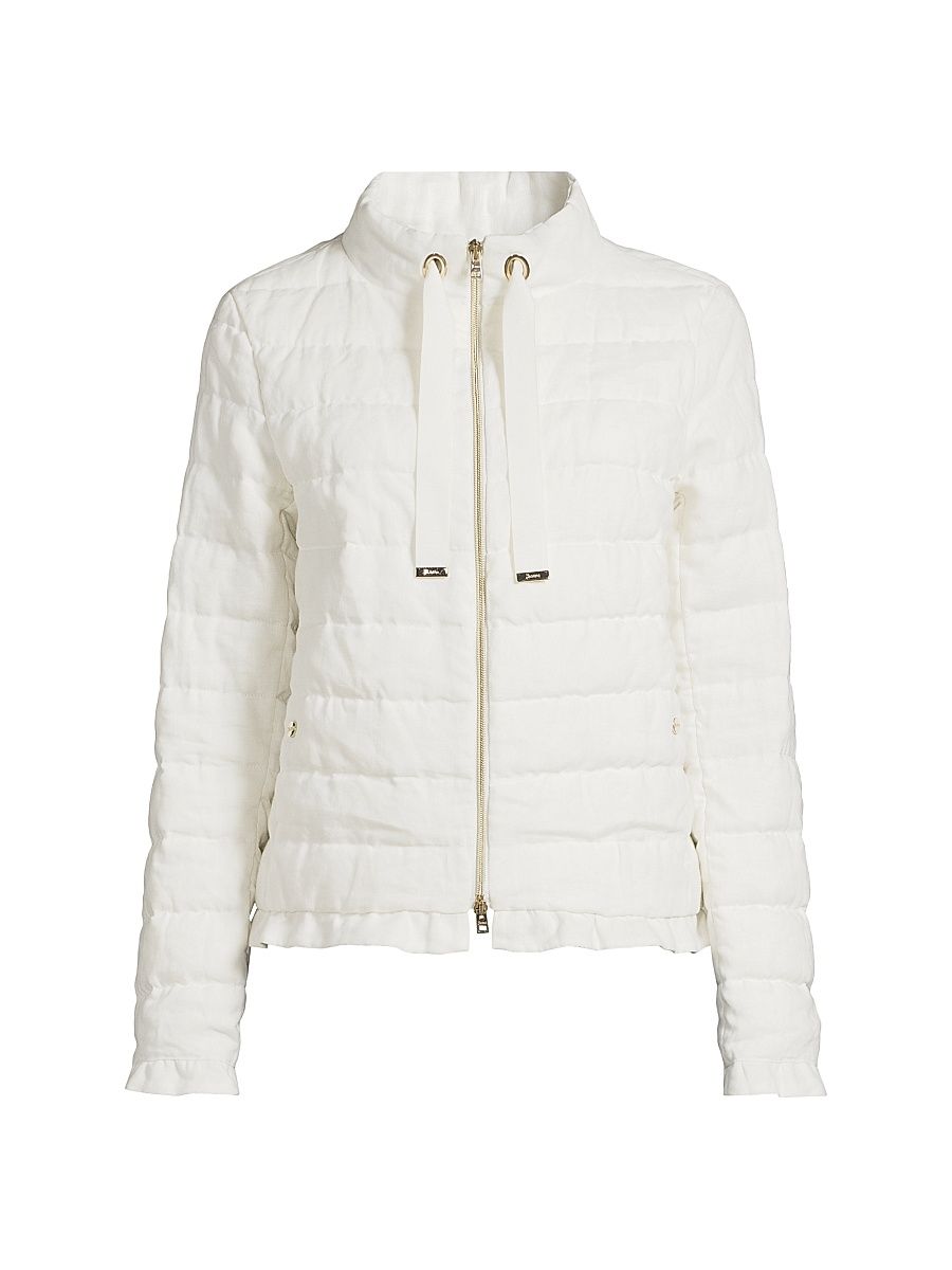 Women's Linen Quilted Drawstring Jacket - White - Size 14