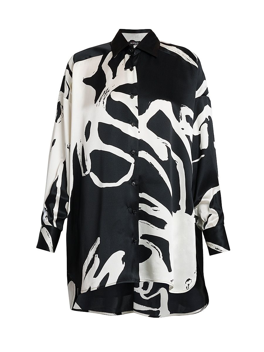 Women's Printed High-Low Silk Blouse - White Black - Size 8