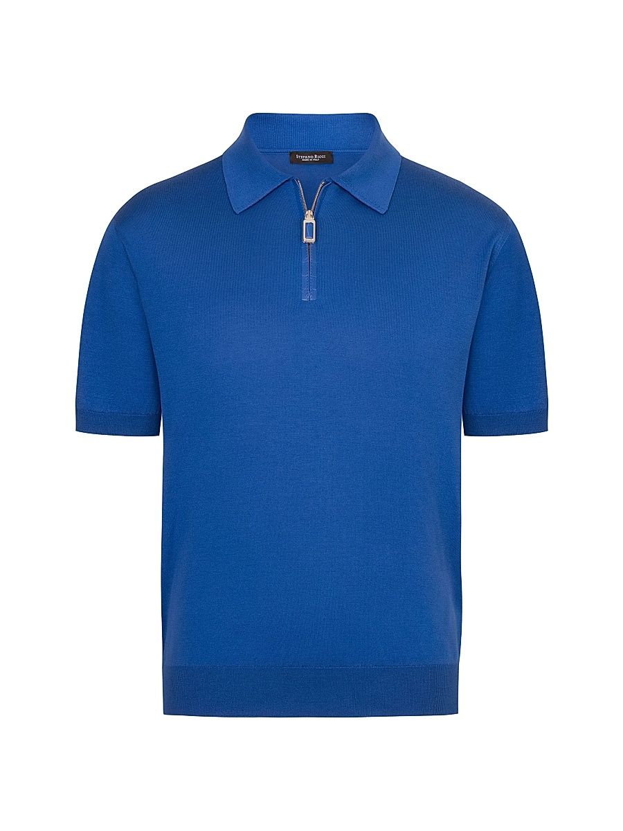 Men's Silk and Crocodile Leather Knit Zip Polo - Dark Blue - Size 44