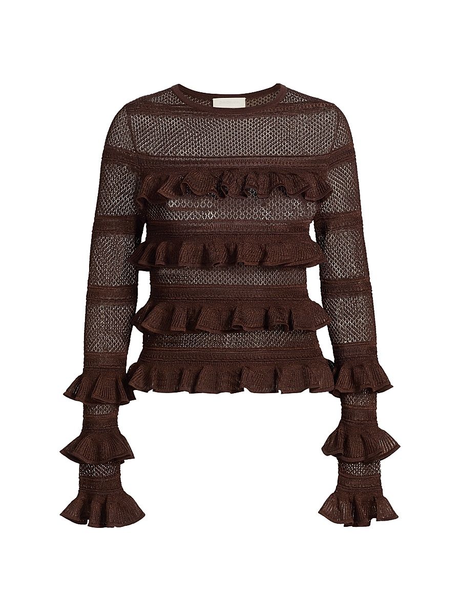 Women's Hypnotic Knitted Lace Frill Top - Metallic Chocolate - Size 8