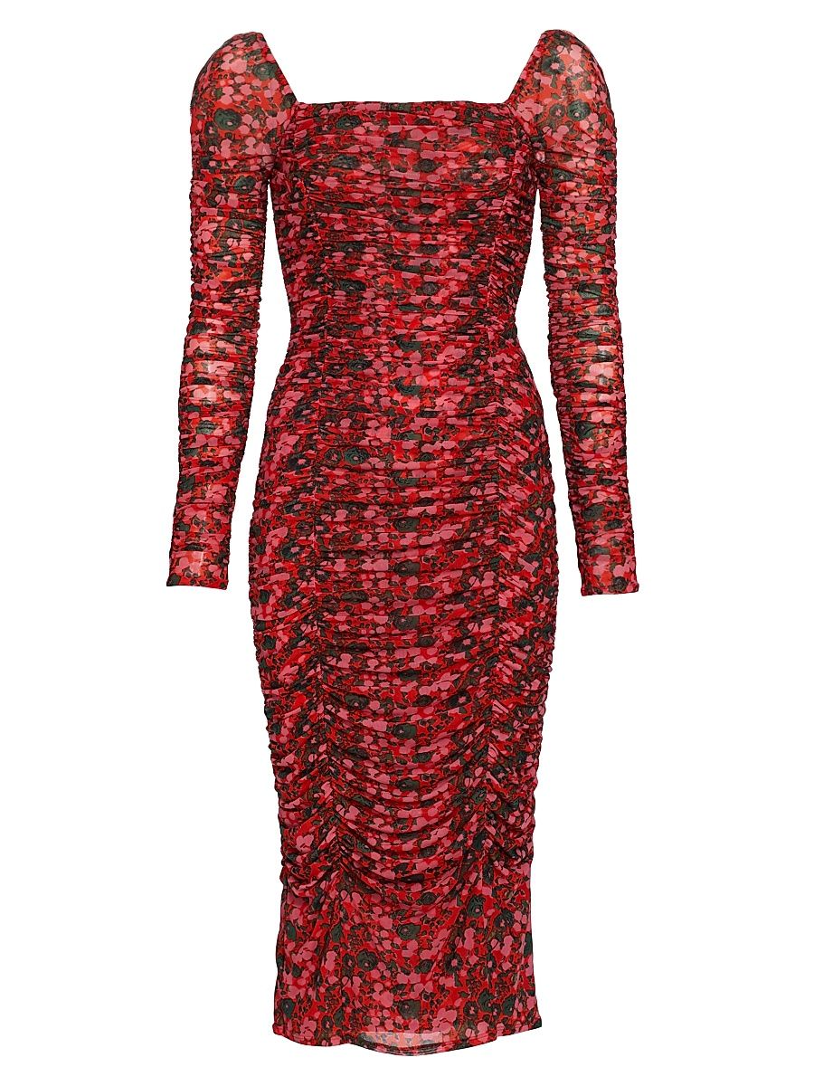 Women's Simona Floral Mesh Ruched Midi-Dress - Flora Splash - Size XS