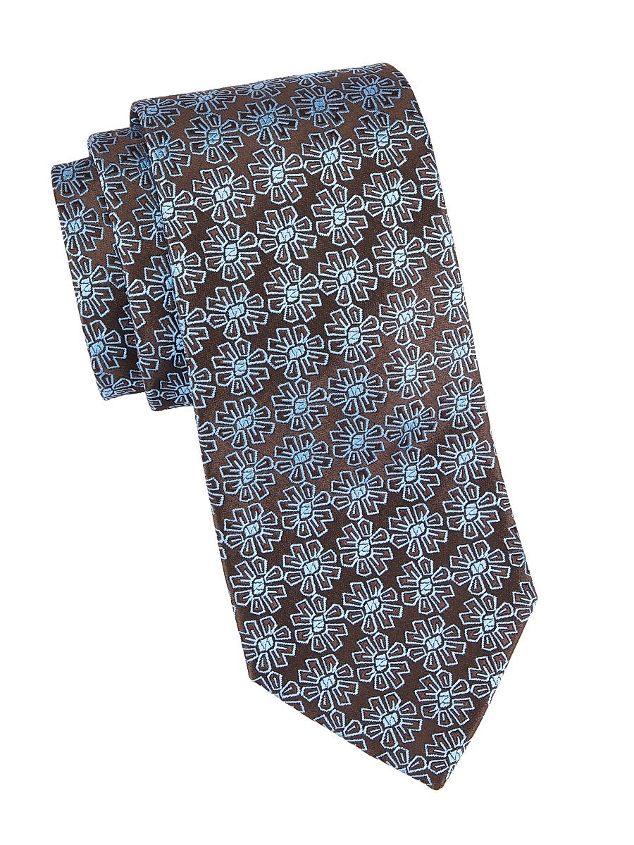 Men's Floral Medallion Silk Jacquard Tie - Brown Blue