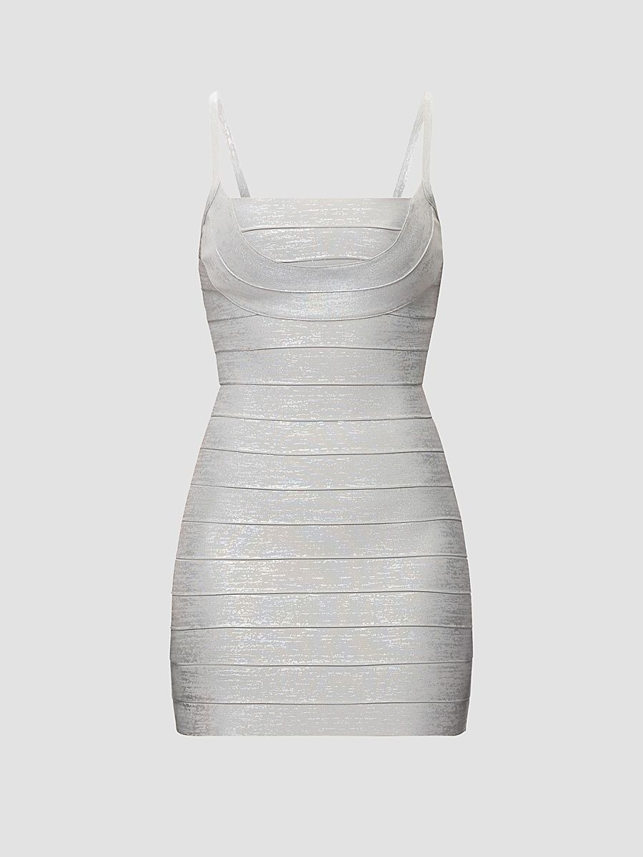 Women's Bandage-Knit Metallic Body-Con Mini Dress - Silver Foil - Size XS