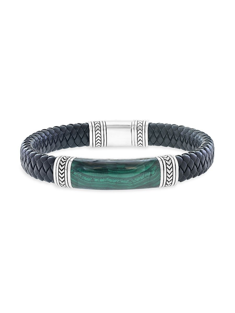 Men's Braided Leather, Sterling Silver & Malachite Bracelet - Sterling Silver