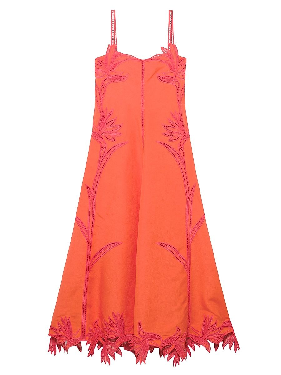 Women's Ellery Floral Embroidered Linen-Blend Midi-Dress - Lobster - Size XL