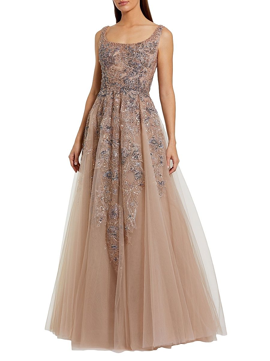 Women's Embellished Fit & Flare Tulle Gown - Mocha - Size 14
