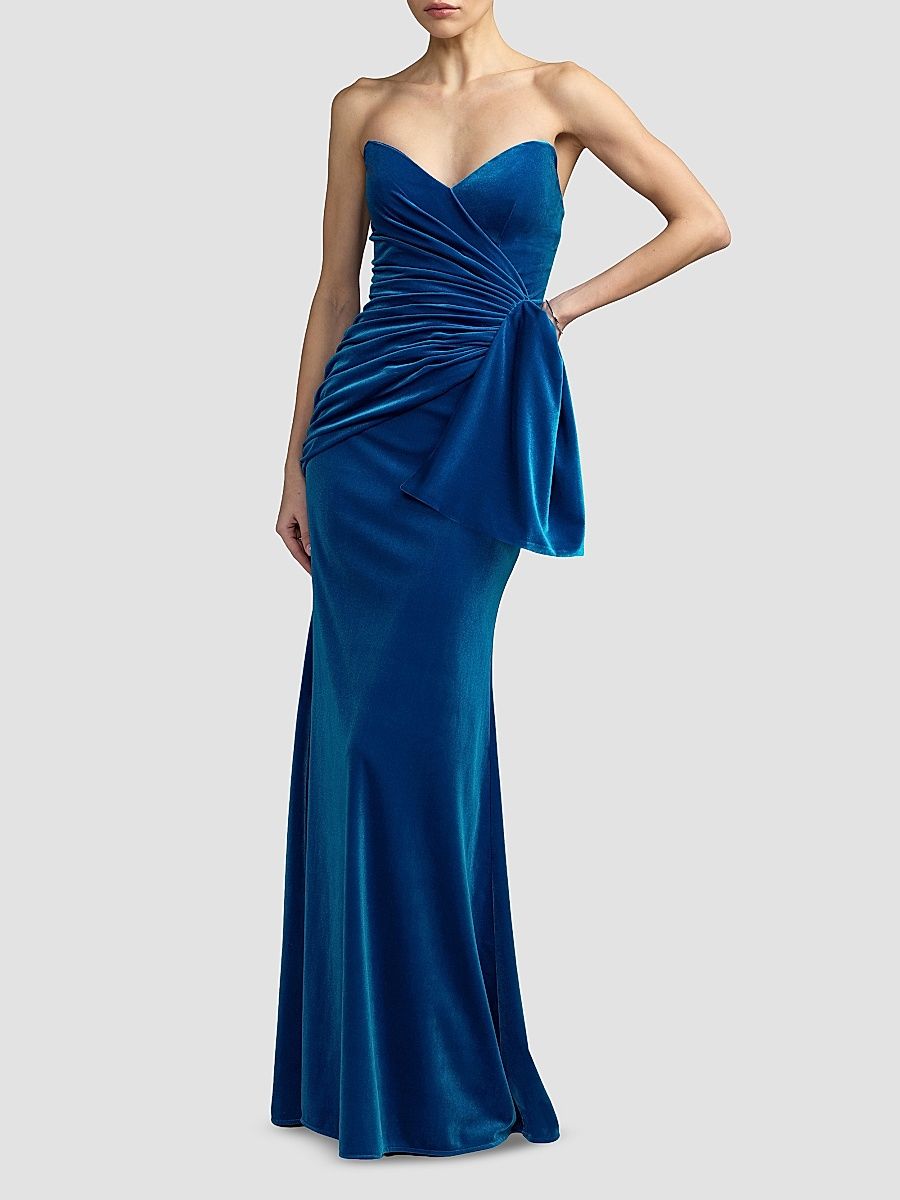Women's Side-Drape Velvet Column Gown - Cobalt - Size 12