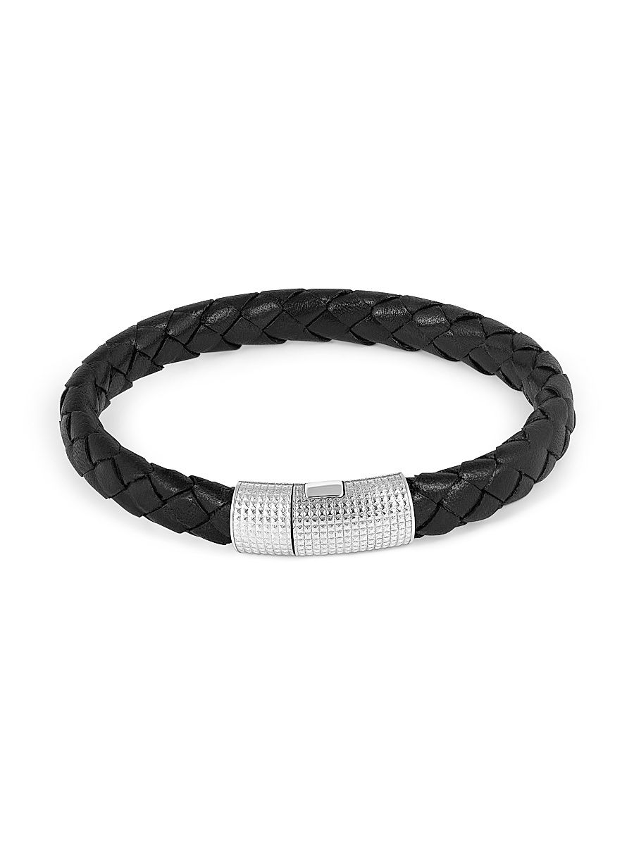 Men's Giza Cobra Pelle Sterling Silver & Leather Bracelet - Black Rhodium - Size Large