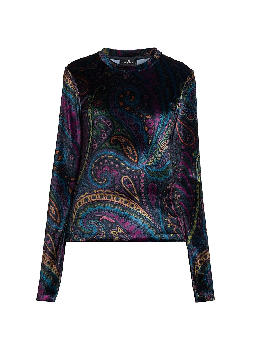 Women's Paisley-Print Velvet Top - Stampa Blu - Size Small