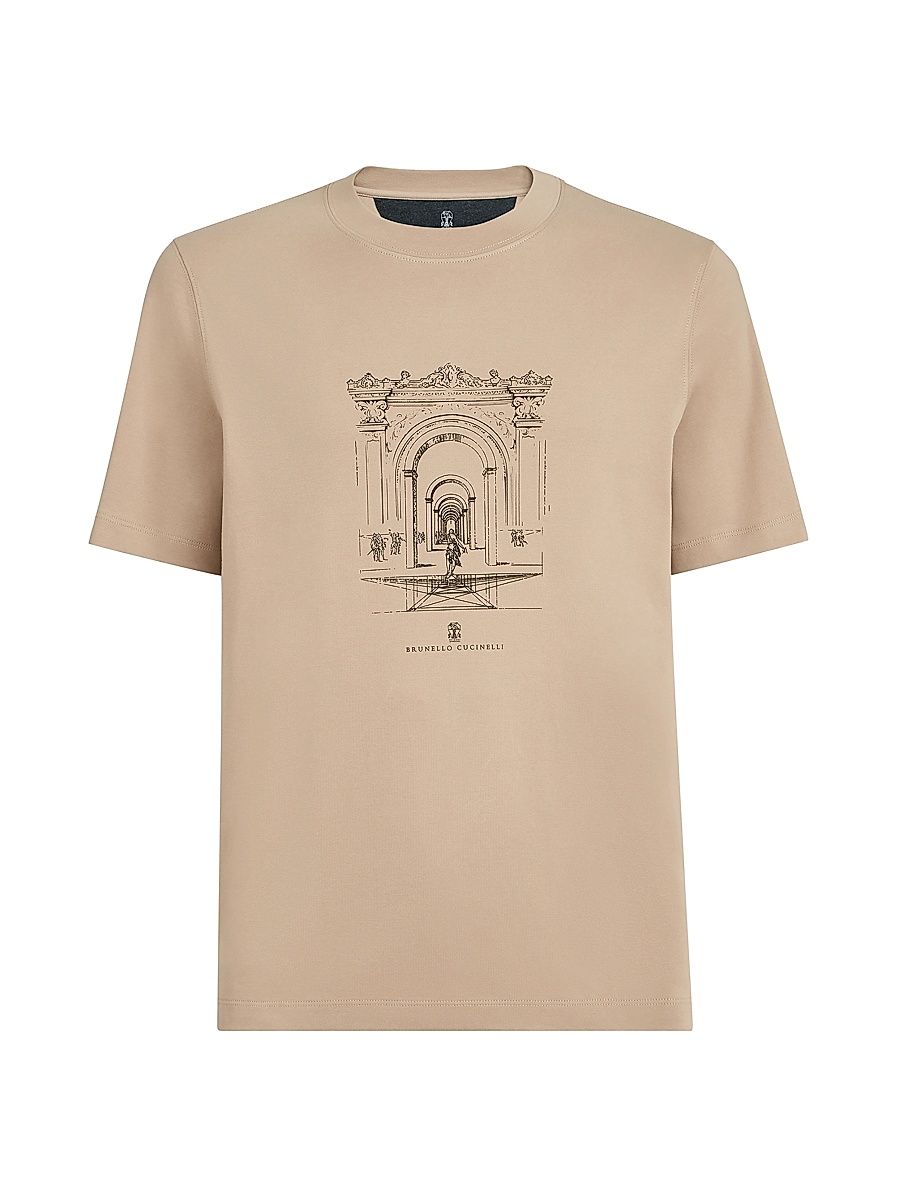 Men's Cotton Interlock Crewneck T-Shirt with Print - Beige - Size XXXXL