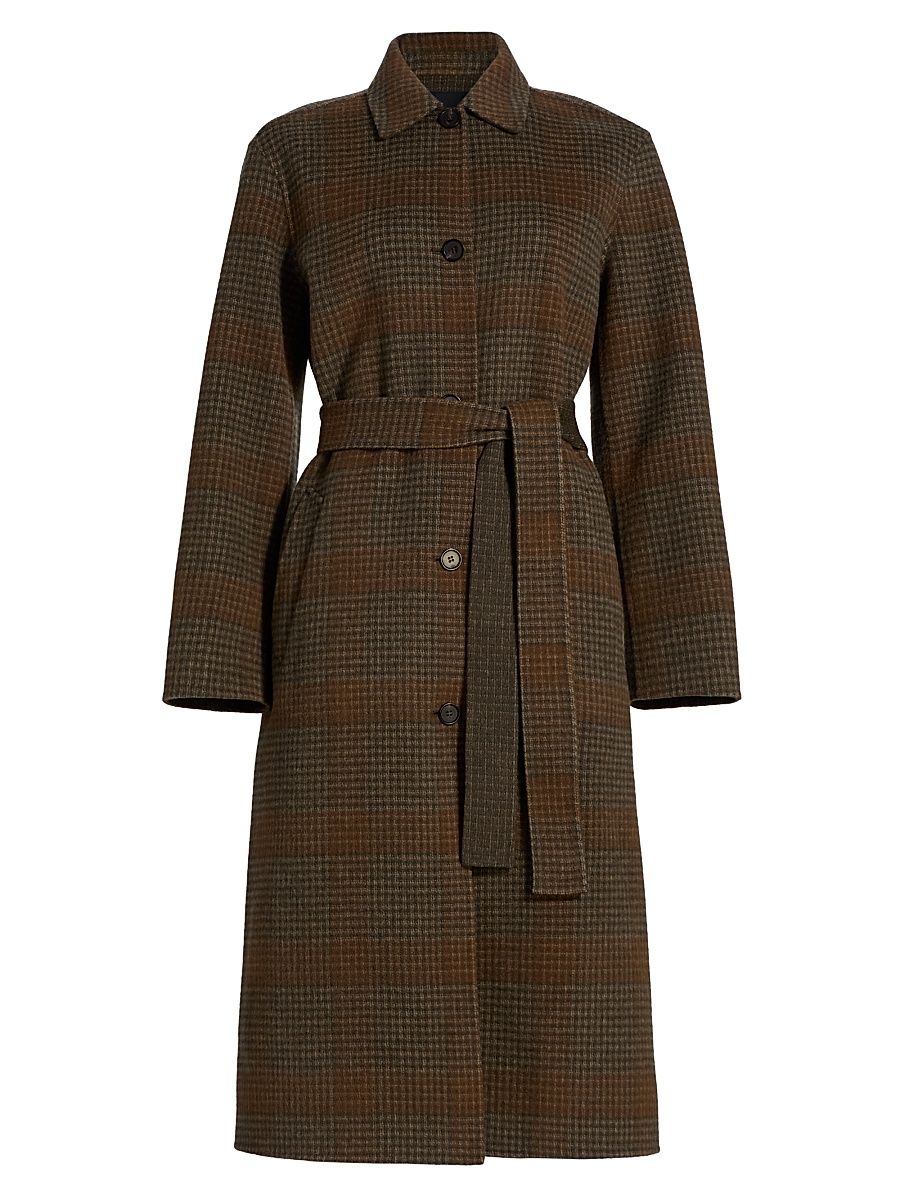 Women's Plaid Wool-Cashmere Single-Breasted Belted Coat - Brass Multi - Size Medium