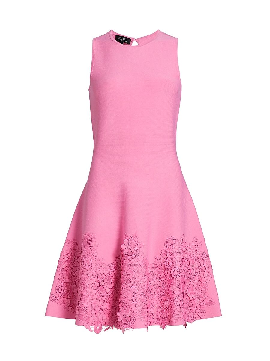 Women's Lace Trim Fit-&-Flare Cocktail Dress - Carnation Pink - Size Large