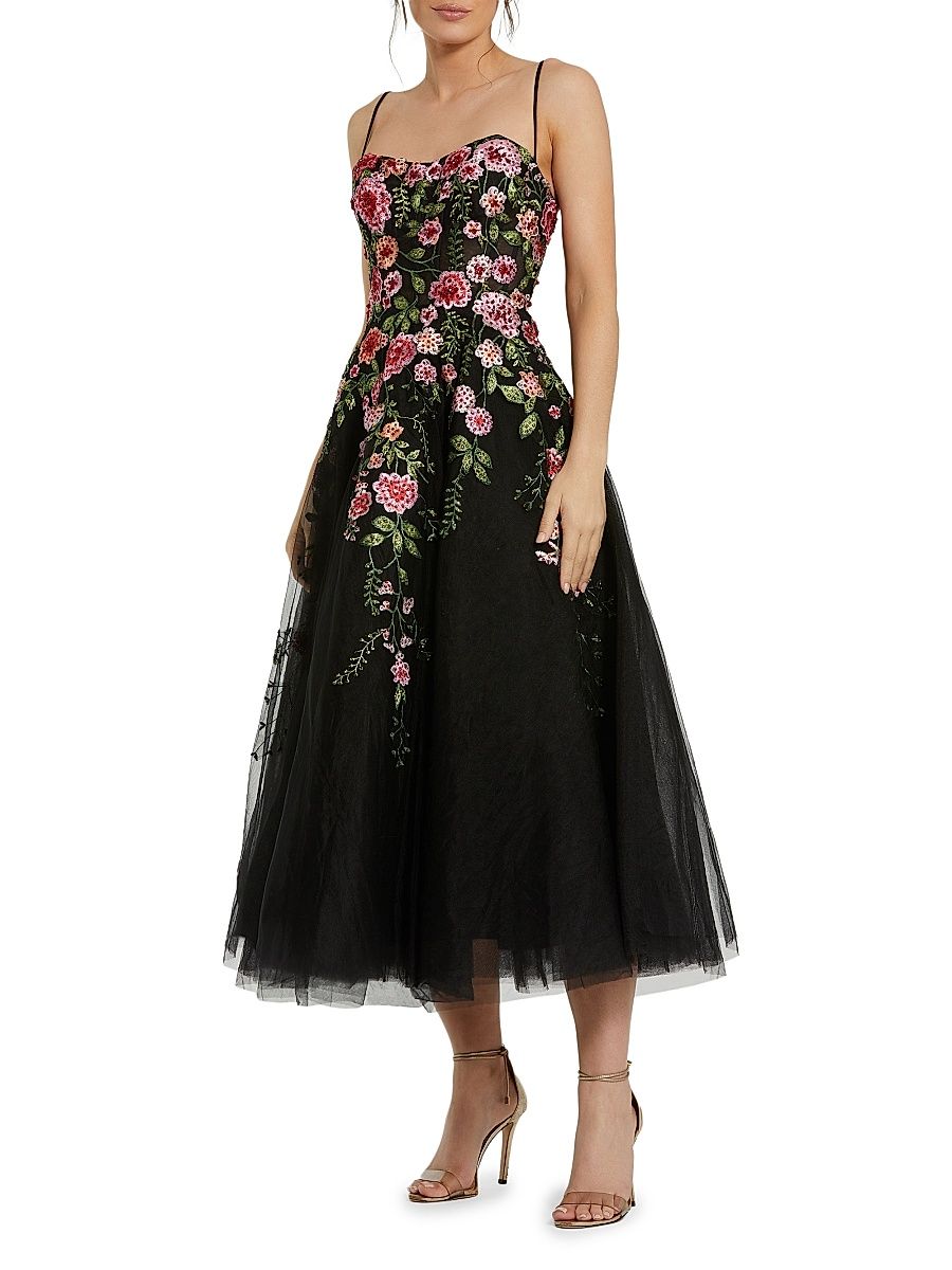 Women's Cocktail Floral Embroidered Tulle Midi-Dress - Black Multi - Size 14