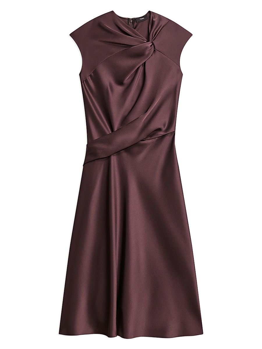 Women's Draped Satin Midi-Dress - Deep Plum - Size 8